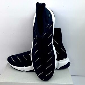 BALENCIAGA SPEED 1 TRAINER SOCK SNEAKERS, BLACK WITH WHITE LOGO PRINT,EU43,US 10
